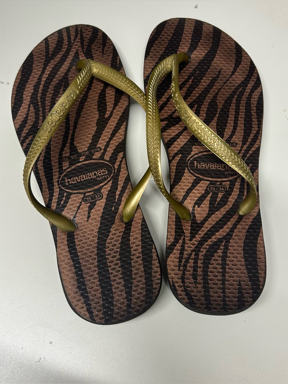 Havaianas Slim Flip Flops Brown Gold Zebra US 4/5 Womens